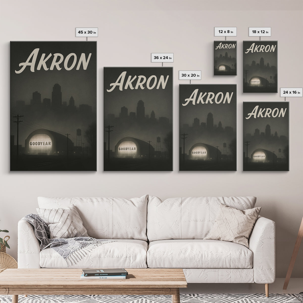 Akron Ohio Travel Poster, Canvas Print, Black And White Travel Art, Akron Wall Art, Vintage Travel Print, Travel Poster Art, City Art Print