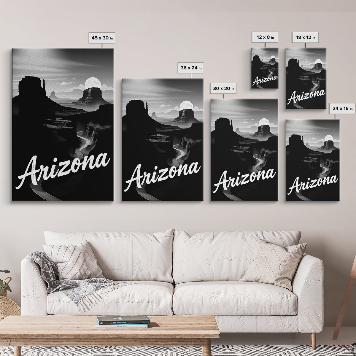 Arizona Travel Poster, Framed Canvas Print, Black And White Travel Art, Arizona Poster Print, Mid Century Wall Art, City Travel Prints