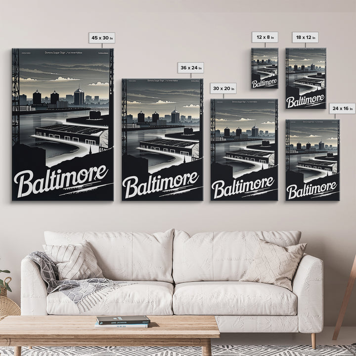 Baltimore Travel Poster, Framed Canvas Print, Black And White Travel Art, Baltimore Poster Print, Retro Travel Print, Home Office Decor