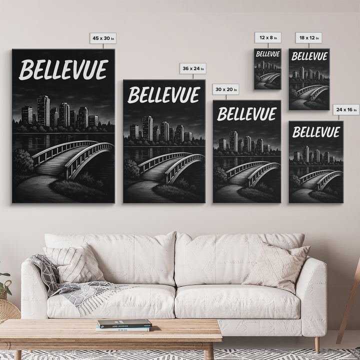 Bellevue Travel Poster, Framed Canvas Print, Black And White Travel Art, Bellevue Wall Art, Modern Wall Decor, Travel Art Print
