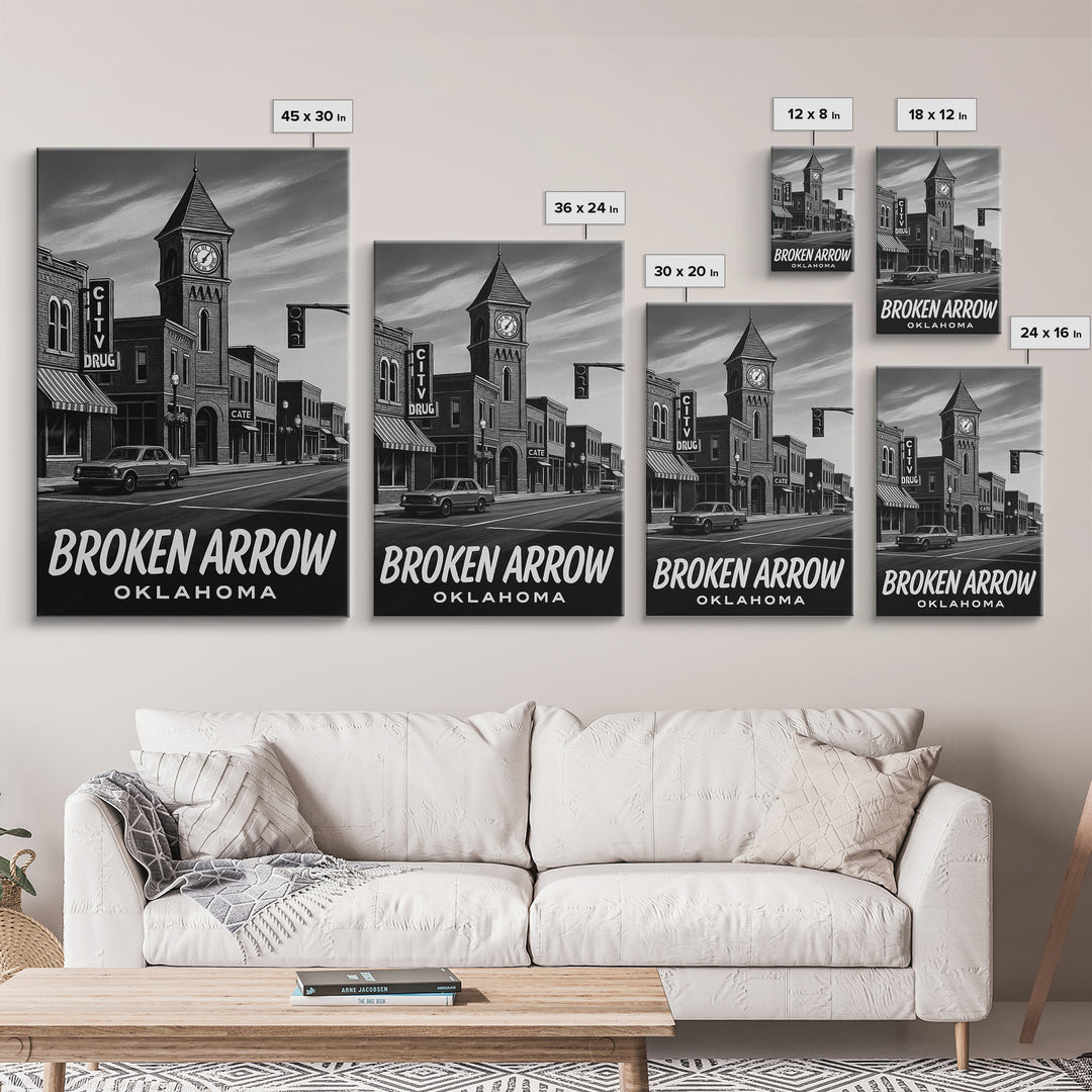 Broken Arrow Travel Poster, Framed Canvas Print, Dark Moody City Wall Art, Broken Arrow Art Print, Mid Century Wall Art, City Art Print