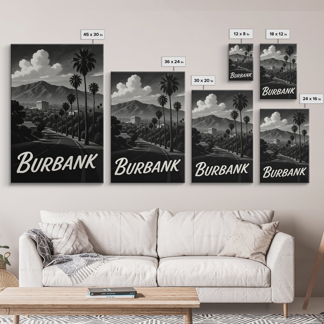 Burbank Travel Poster, Framed Canvas Print, Night Street Poster Art, Burbank City Art, Gift For Travelers, Eclectic Wall Decor