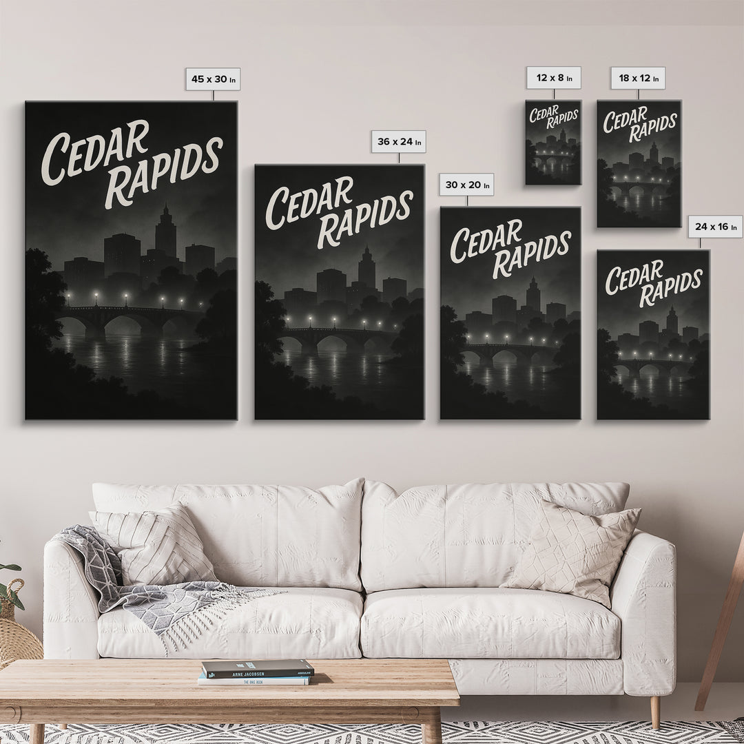 Cedar Rapids Iowa Travel Poster, Canvas Print, Dark Moody City Wall Art, Cedar Rapids Travel Art, Travel Poster Art, Wanderlust Decor