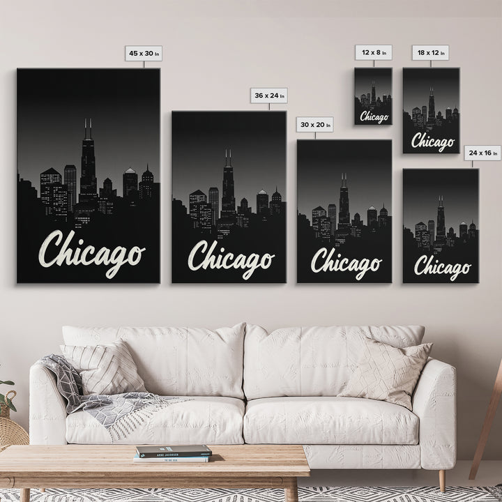 Chicago Travel Poster, Framed Canvas Print, Black And White Travel Art, Chicago City Art, City Illustration, Living Room Wall Art