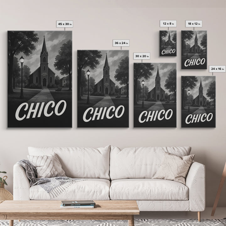 Chico Travel Poster, Canvas Print, Dark Moody City Wall Art, Chico Travel Art, City Travel Prints, Eclectic Wall Decor, Travel Wall Art