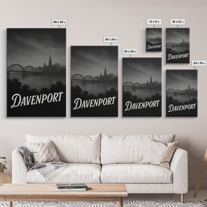 Davenport Iowa Travel Poster, Canvas Print, Night Street Poster Art, Davenport City Art, Travel Art Print, Vintage Travel Print, Travel Gift