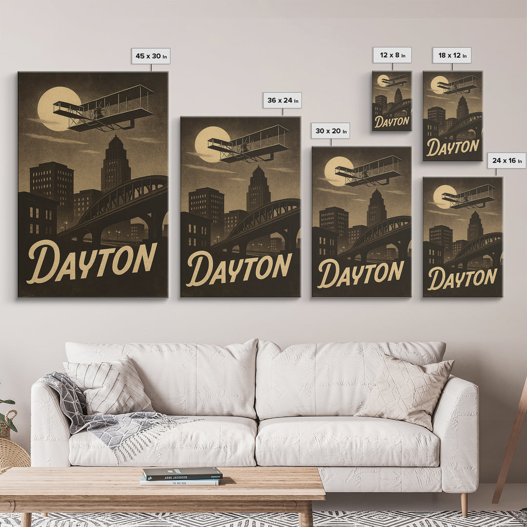 Dayton Travel Poster, Framed Canvas Print, Black And White Travel Art, Dayton Art Print, Modern Wall Decor, Eclectic Wall Decor