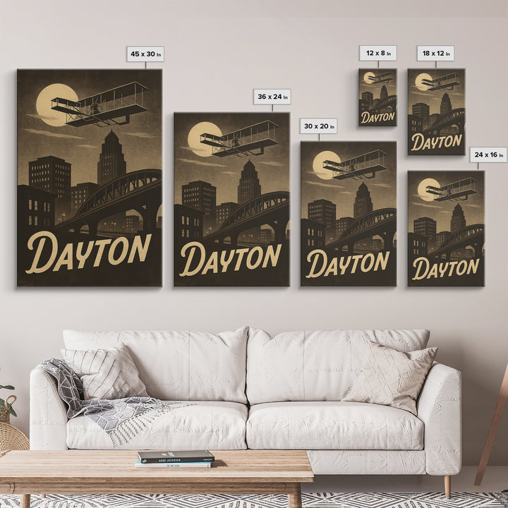 Dayton Travel Poster, Framed Canvas Print, Black And White Travel Art, Dayton Art Print, Modern Wall Decor, Eclectic Wall Decor