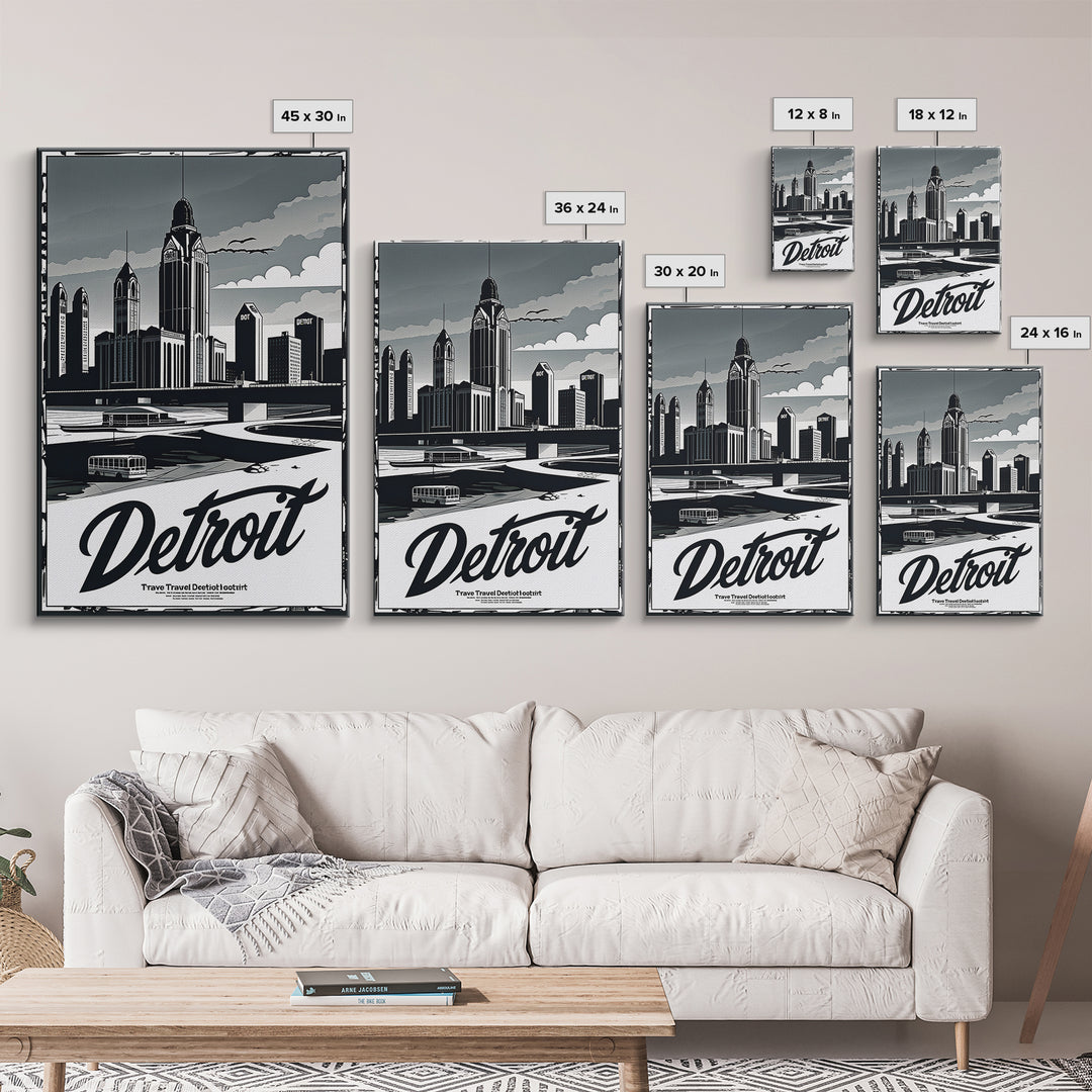 Detroit Travel Poster, Canvas Print, Dark Moody City Wall Art, Detroit Travel Art, Home Office Decor, Modern Wall Decor, Gift For Travelers