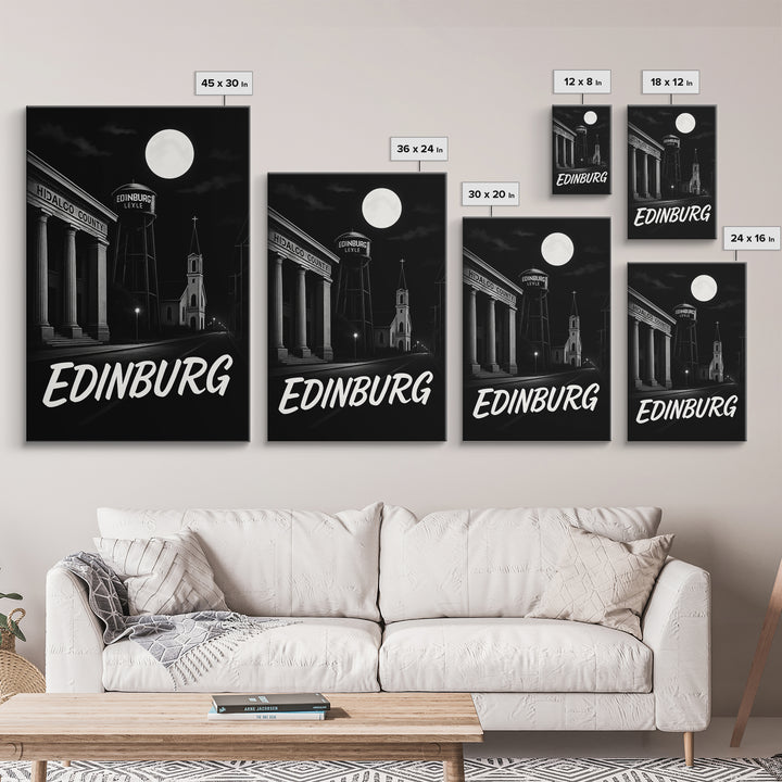 Edinburg Texas Travel Poster, Canvas Print, Black And White Travel Art, Edinburg Travel Art, Fine Art Print, Travel Art, City Art Print