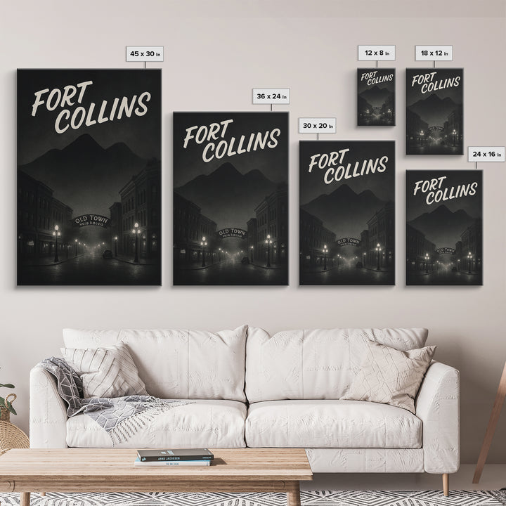 Fort Collins Colorado Travel Poster, Canvas Print, Dark Moody City Wall Art, Fort Collins Travel Art, Travel Wall Art, Travel Art Print