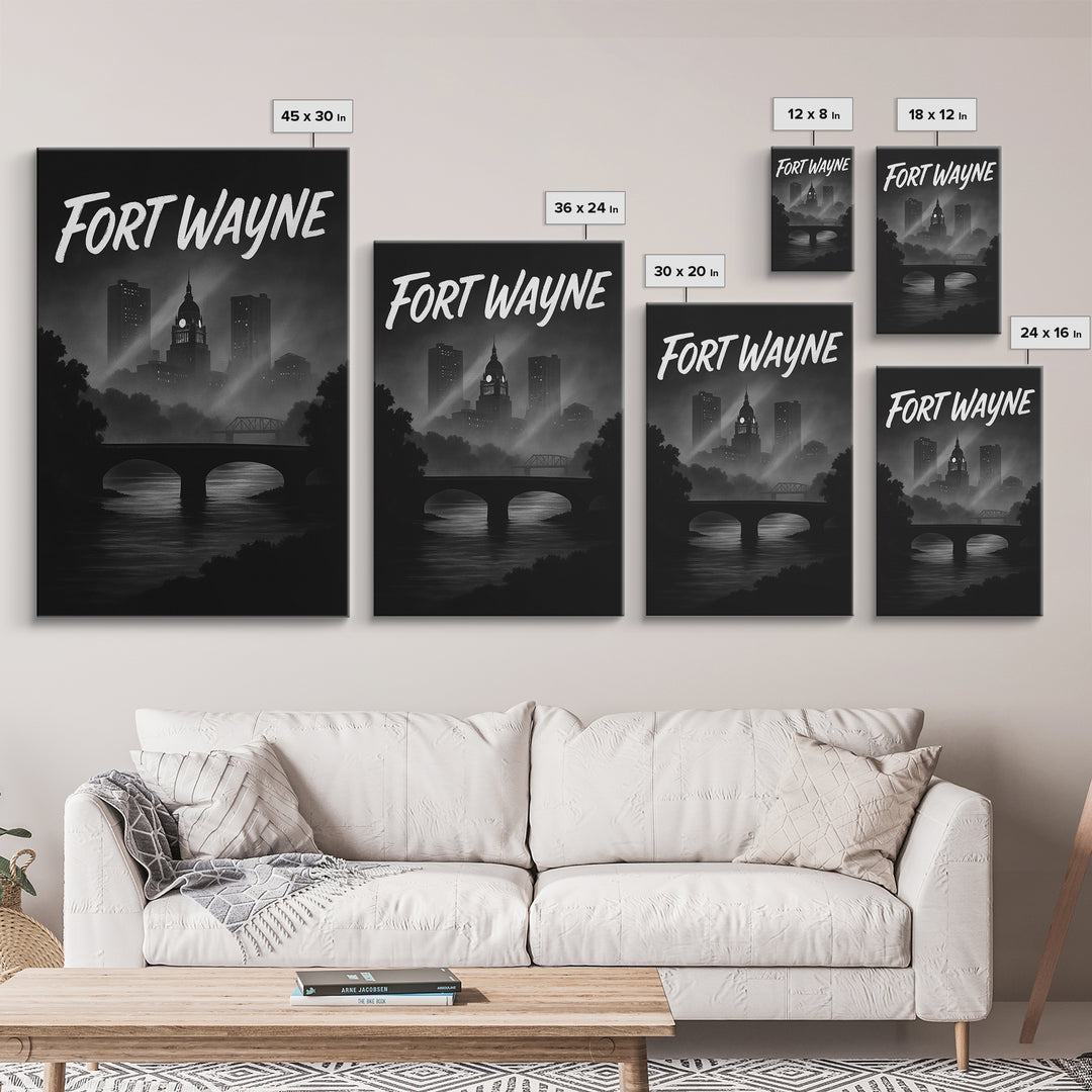 Fort Wayne Indiana Travel Poster, Canvas Print, Night Street Poster Art, Fort Wayne Wall Art, Retro Travel Print, Watercolor Urban Skyline