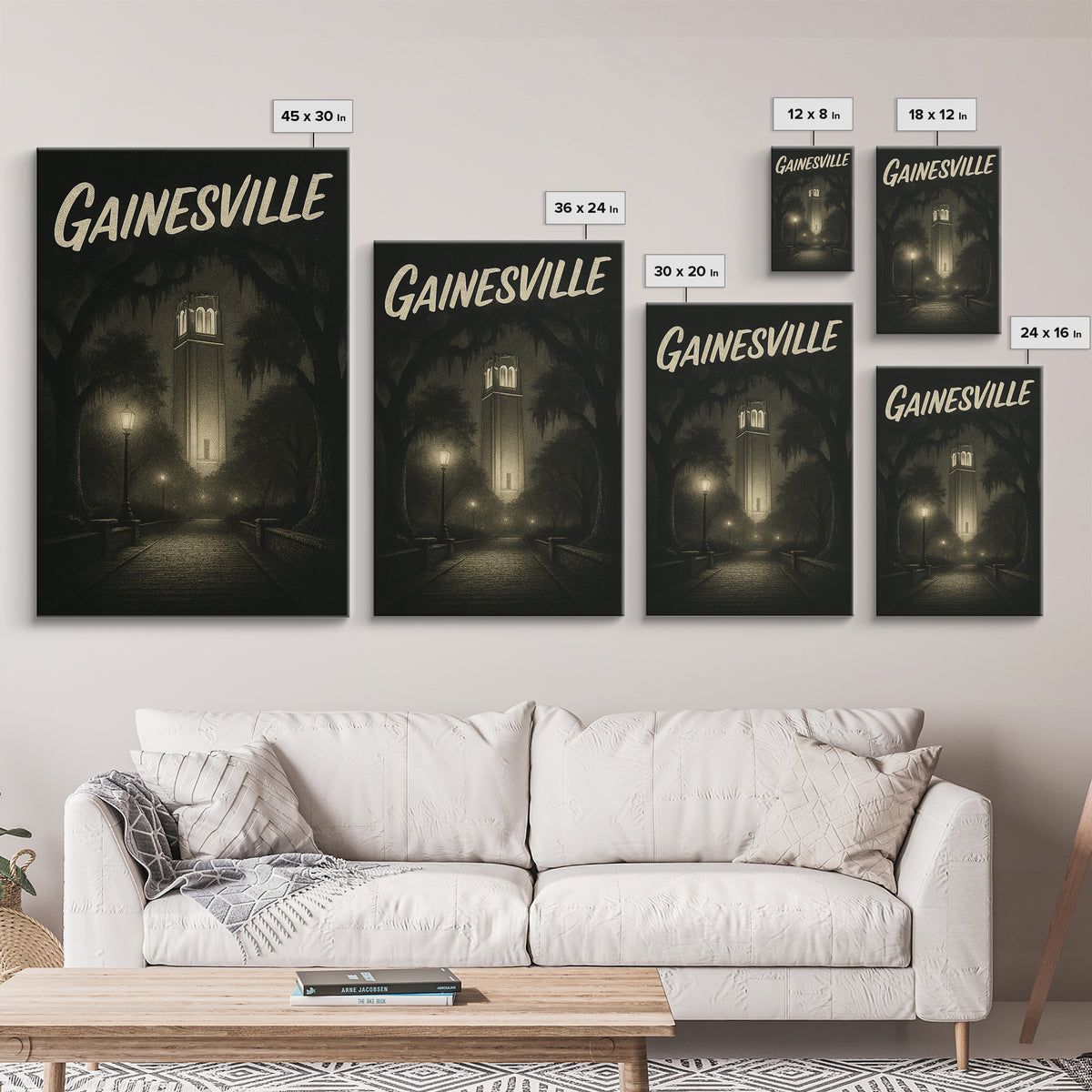 Gainesville Florida Travel Poster, Canvas Print, Dark Moody City Wall Art, Gainesville Wall Art, Vintage City Poster, Travel Poster Set