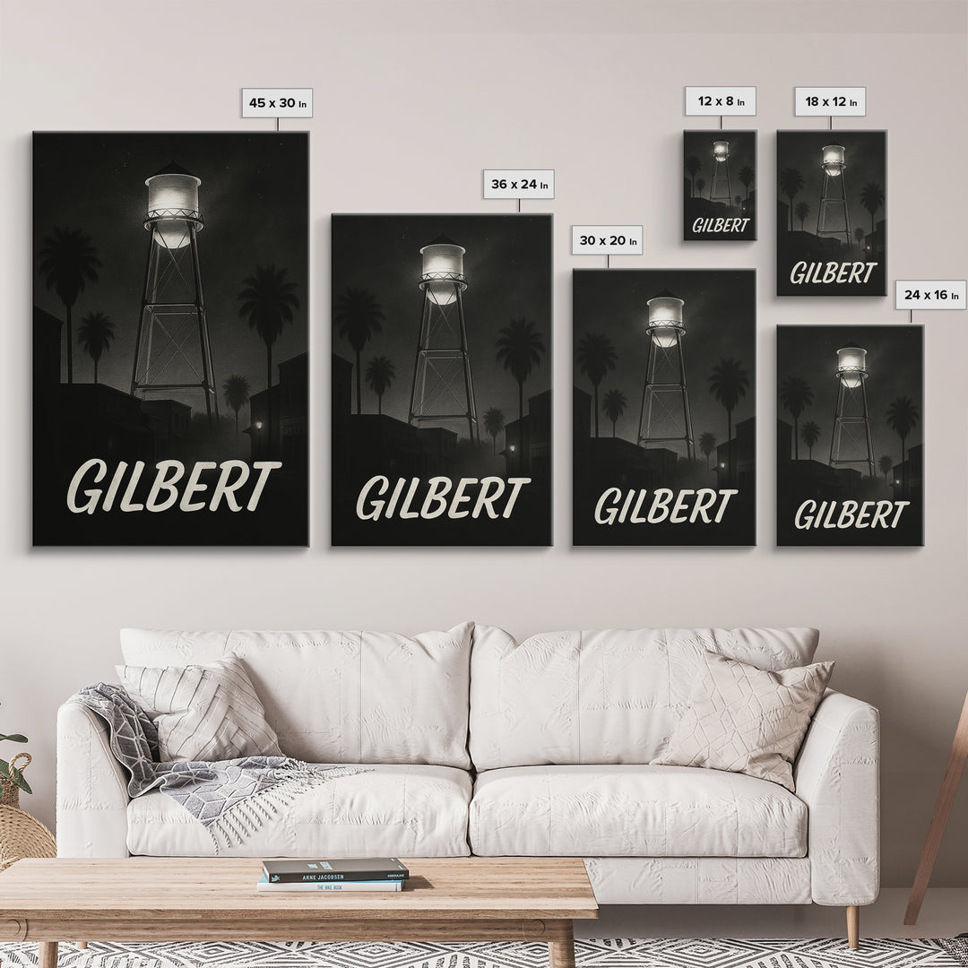 Gilbert Arizona Travel Poster, Framed Canvas Print, Black And White Travel Art, Gilbert Travel Art, Fine Art Print, Living Room Wall Art