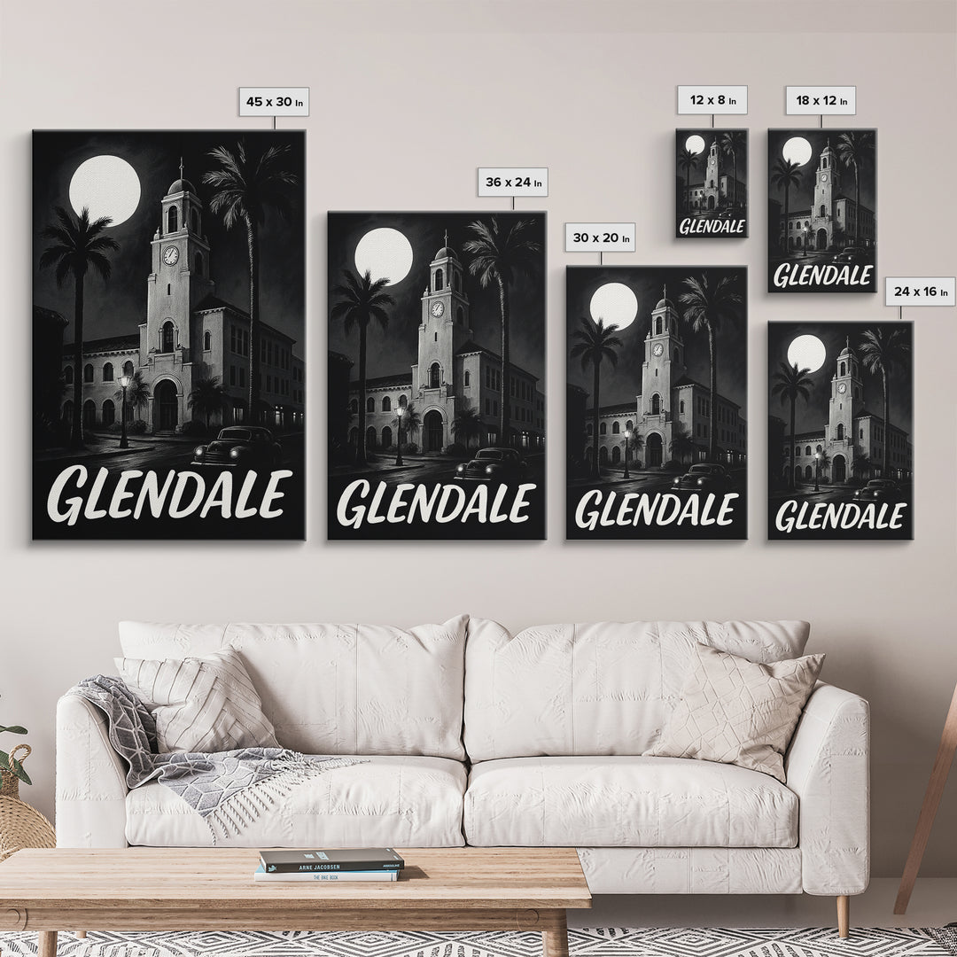 Glendale Travel Poster, Framed Canvas Print, Night Street Poster Art, Glendale City Art, Wanderlust Decor, Travel Wall Decor, Design 4