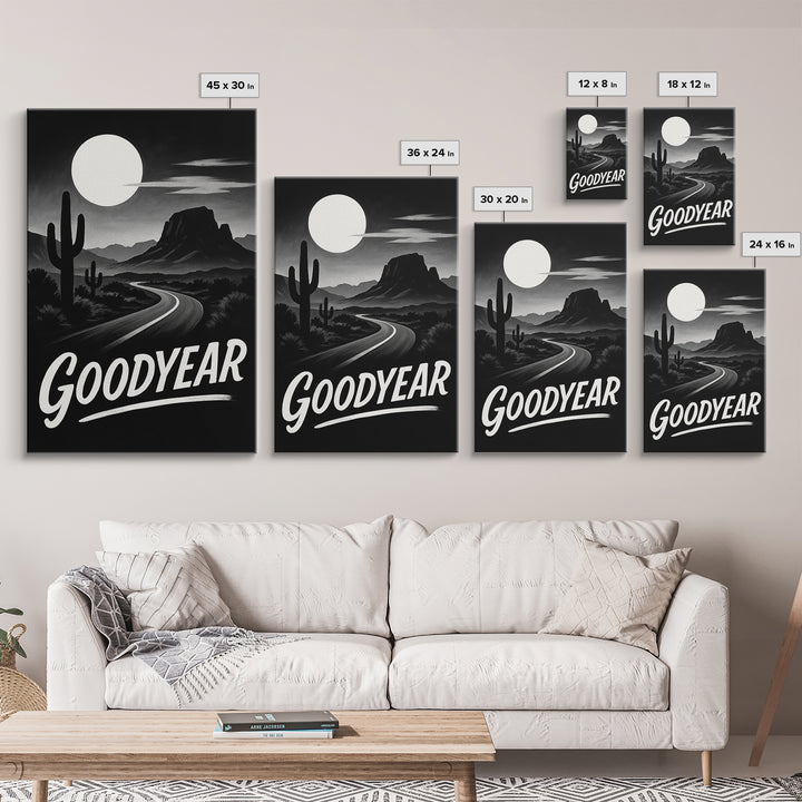 Goodyear Travel Poster, Framed Canvas Print, Vintage Noir Poster Art, Goodyear Travel Art, Living Room Wall Art, Mid Century Wall Art