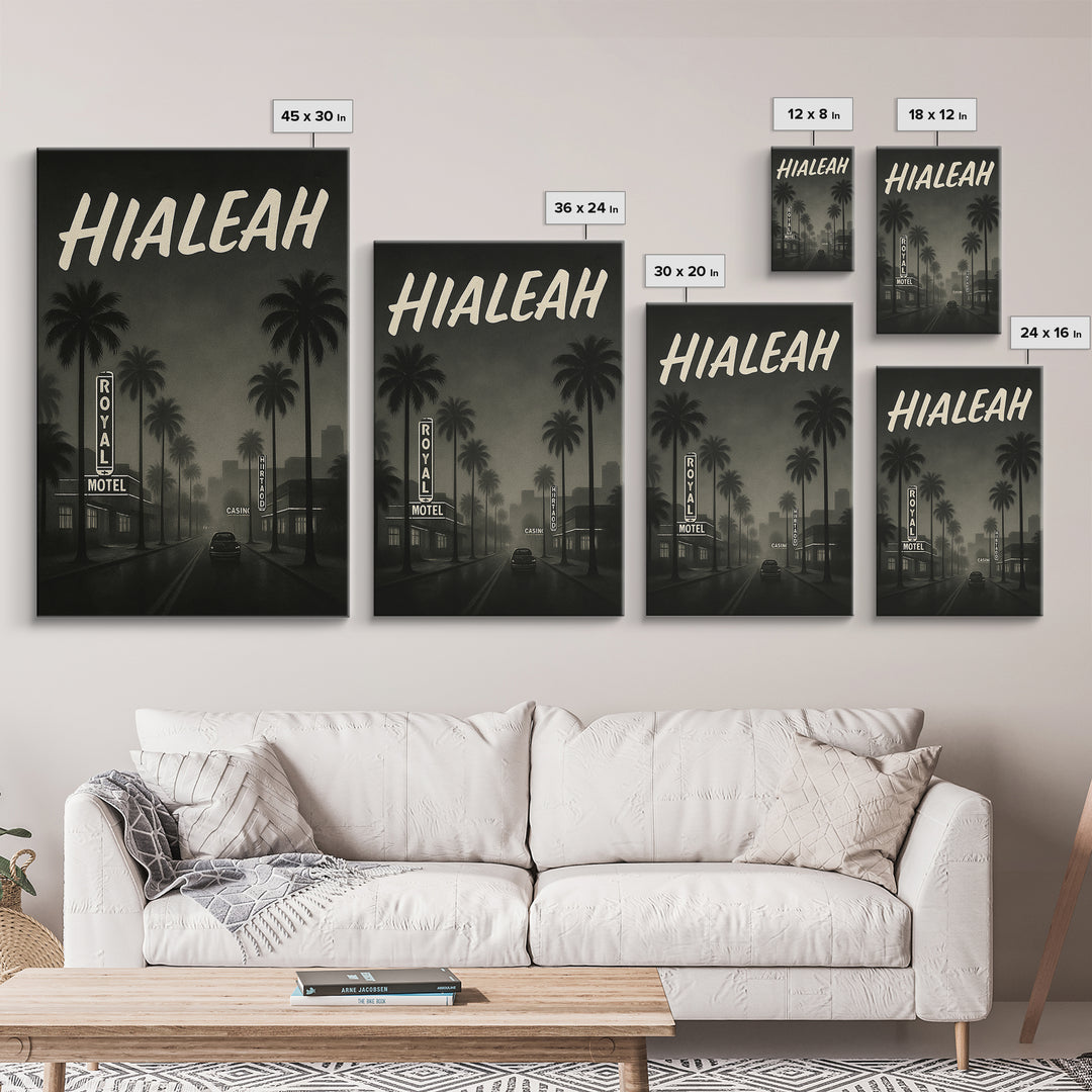 Hialeah Florida Travel Poster, Framed Canvas Print, Dark Moody City Wall Art, Hialeah Poster Print, Living Room Wall Art, Fine Art Print