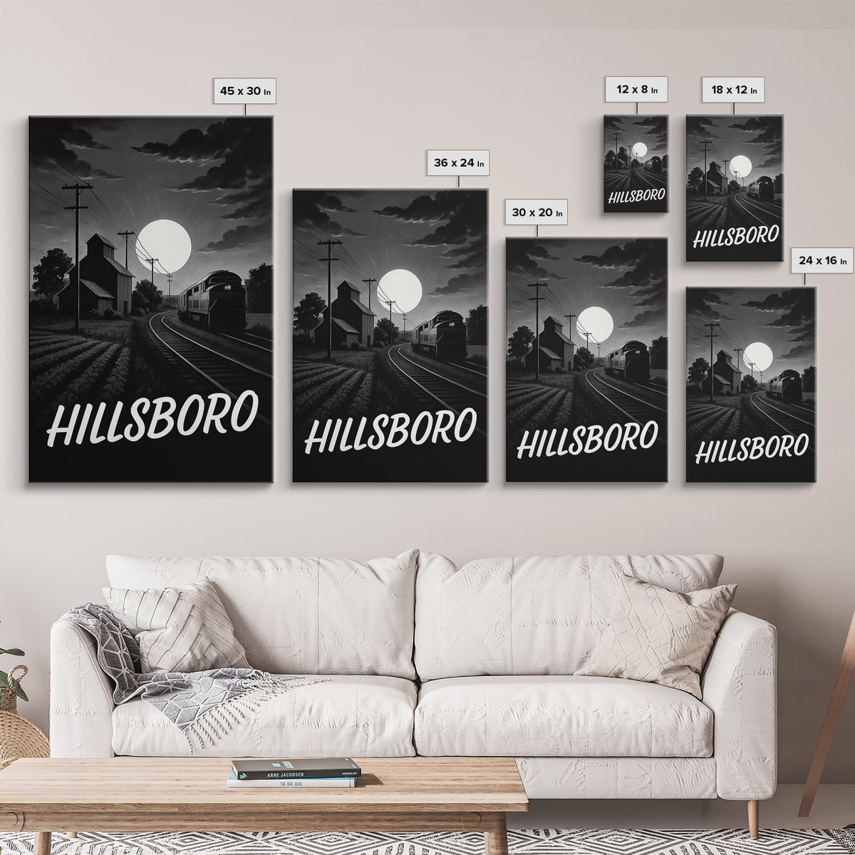 Hillsboro Travel Poster, Canvas Print, Dark Moody City Wall Art, Hillsboro Art Print, Living Room Wall Art, Vintage Travel Art