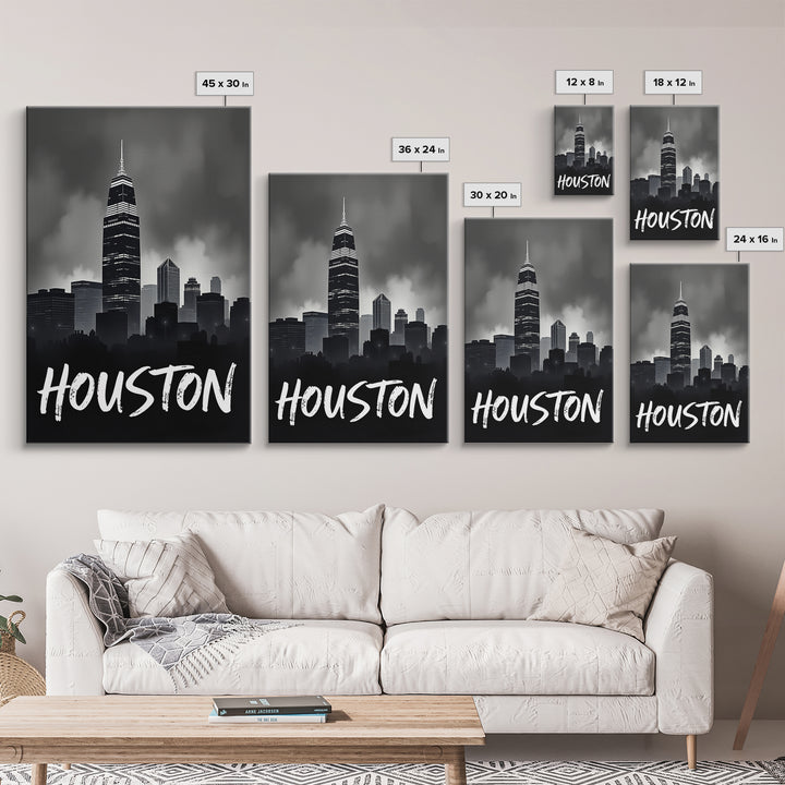 Houston Travel Poster, Framed Canvas Print, Black And White Travel Art, Houston Art Print, Retro Travel Print, City Travel Prints