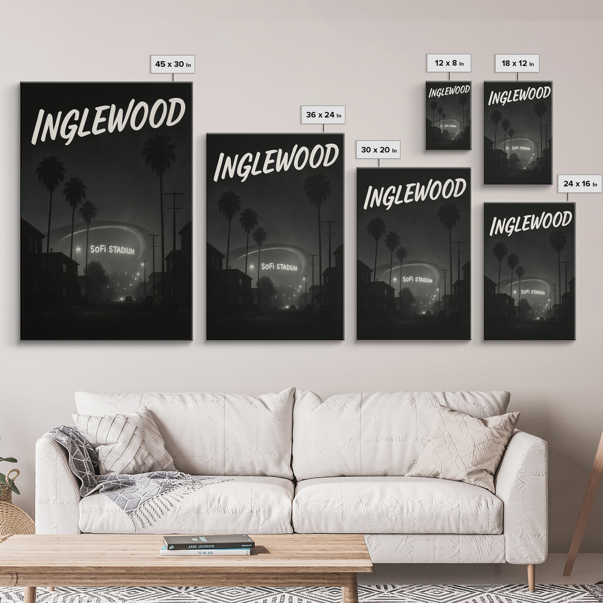 Inglewood California Travel Poster, Framed Canvas Print, Night Street Poster Art, Inglewood City Art, City Illustration, Vintage City Poster