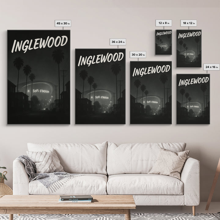 Inglewood California Travel Poster, Framed Canvas Print, Night Street Poster Art, Inglewood City Art, City Illustration, Vintage City Poster