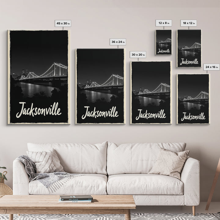Jacksonville Travel Poster, Framed Canvas Print, Black And White Travel Art, Jacksonville Art Print, Retro Travel Print, Home Office Decor