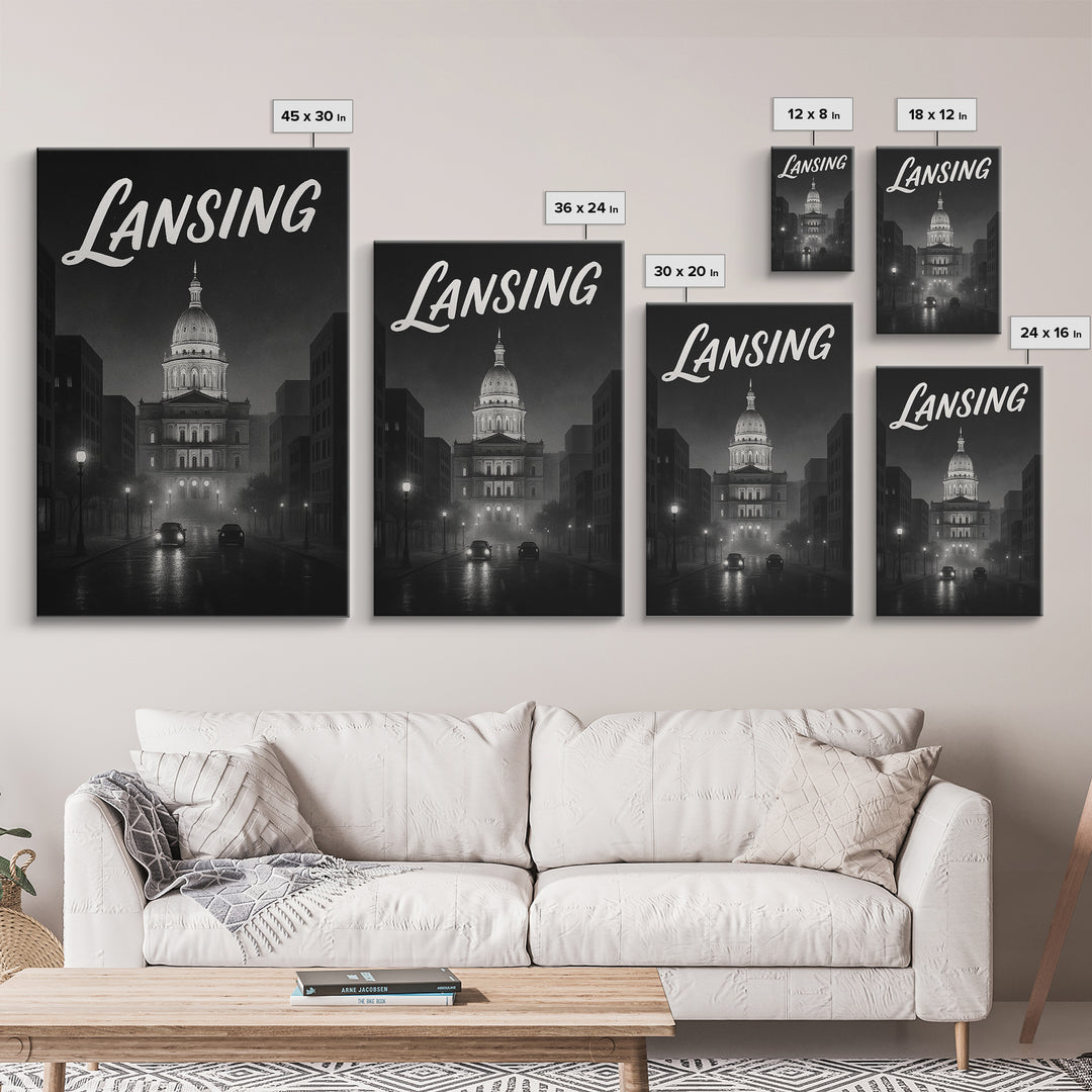 Lansing Travel Poster, Framed Canvas Print, Black And White Travel Art, Lansing Poster Print, Vintage City Art, Living Room Wall Art