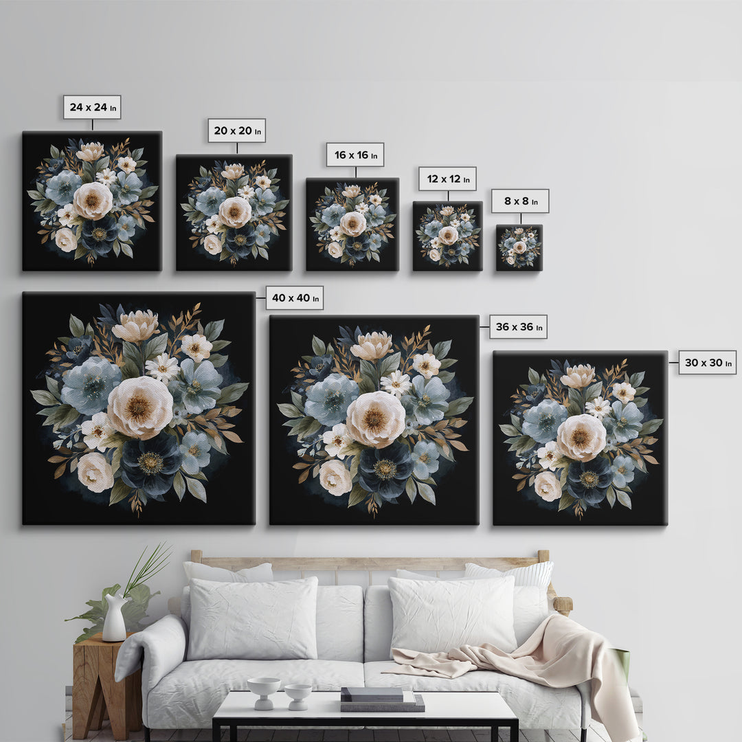 Moody Dark Background Bouquet for Formal Dining Framed Canvas Print, Dining Room Art, Kitchen Decor, Dining Room Decor, Dining, DRA-1x1-11