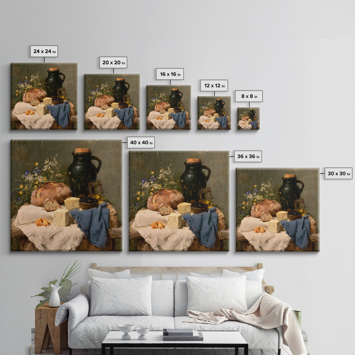 Rustic Bread Olives and Cheese Still Life Canvas Print, Dining Room Art, 3 Piece Wall Art, Dining Room Decor, Oil Painting, DRA-1x1-30