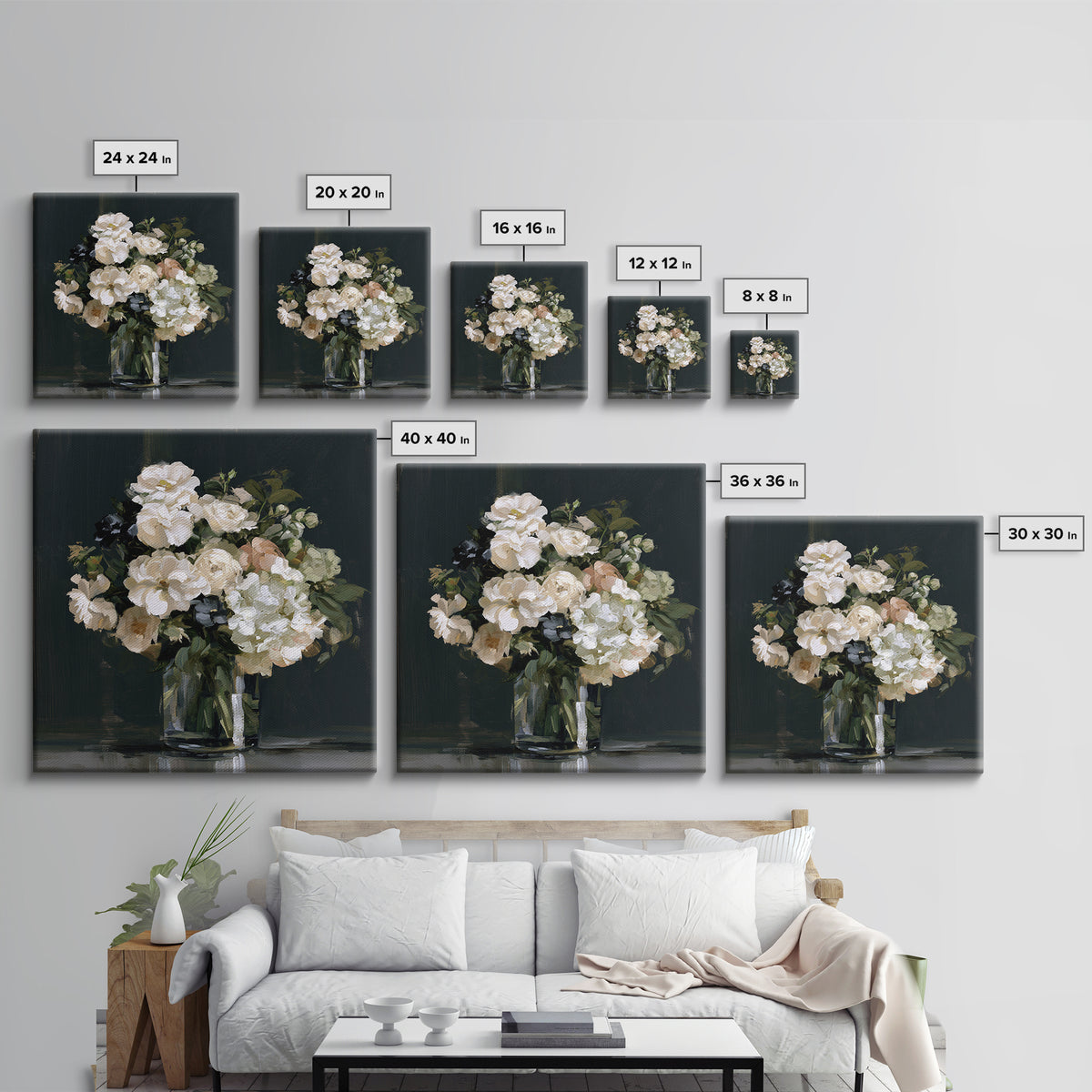 Moody Dark Background Bouquet for Formal Dining Canvas Print, Dining Room Art, Living Room Decor, Dining Room Decor, Dining, DRA-1x1-35
