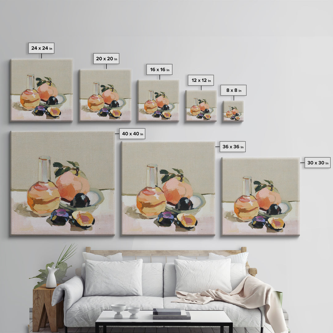 Peach and Plum Still Life Framed Canvas Print, Dining Room Art, Kitchen Wall Art, Dining Room Decor, Fine Art, Dining, DRA-1x1-44