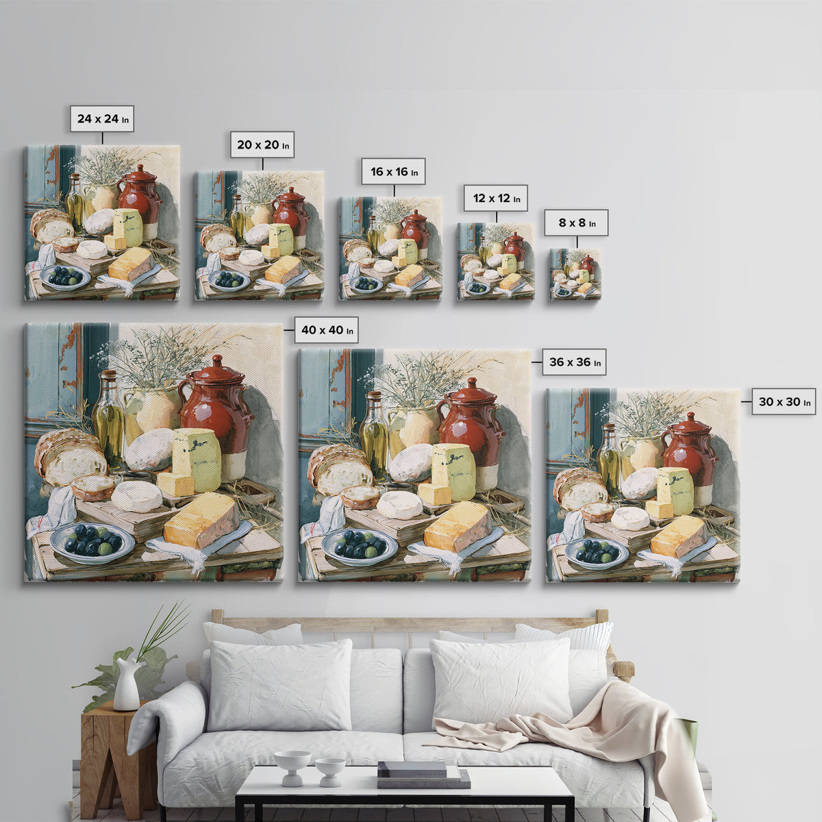 Rustic Bread Olives and Cheese Still Life Canvas Print, Dining Room Art, 3 Piece Wall Art, Dining Room Decor, Oil Painting, DRA-1x1-54