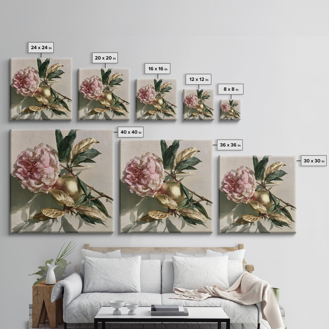 Pomegranate and Gold Leaf Botanical Study Framed Canvas Print, Dining Room Art, Bedroom Decor, Dining Room Decor, Dining, DRA-1x1-56