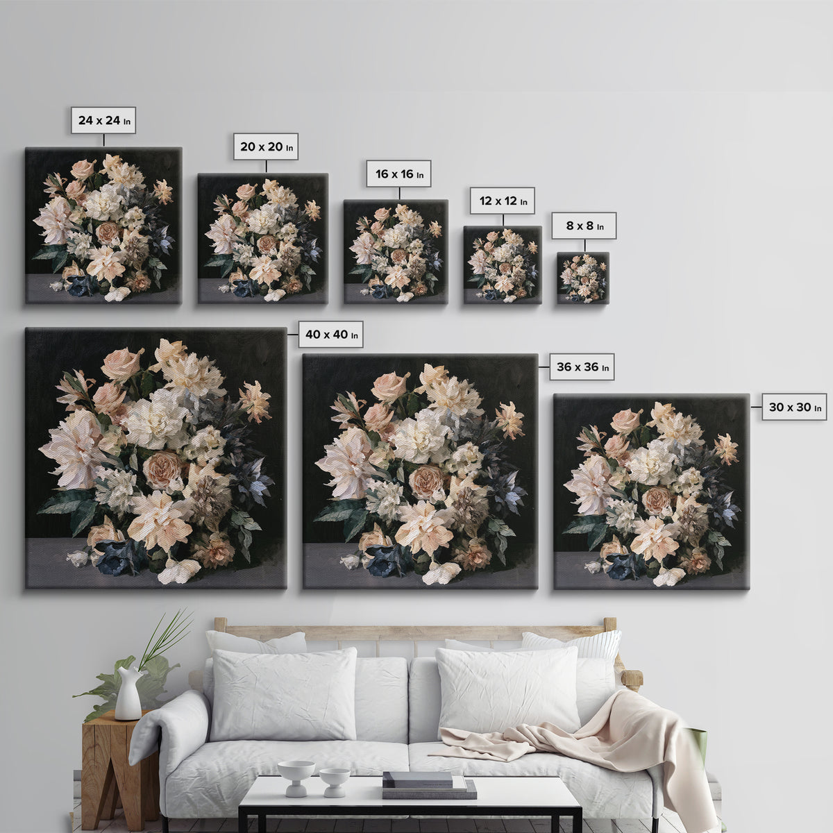 Moody Dark Background Bouquet for Formal Dining Canvas Print, Dining Room Art, Kitchen Prints, Dining Room Decor, Dining, DRA-1x1-59