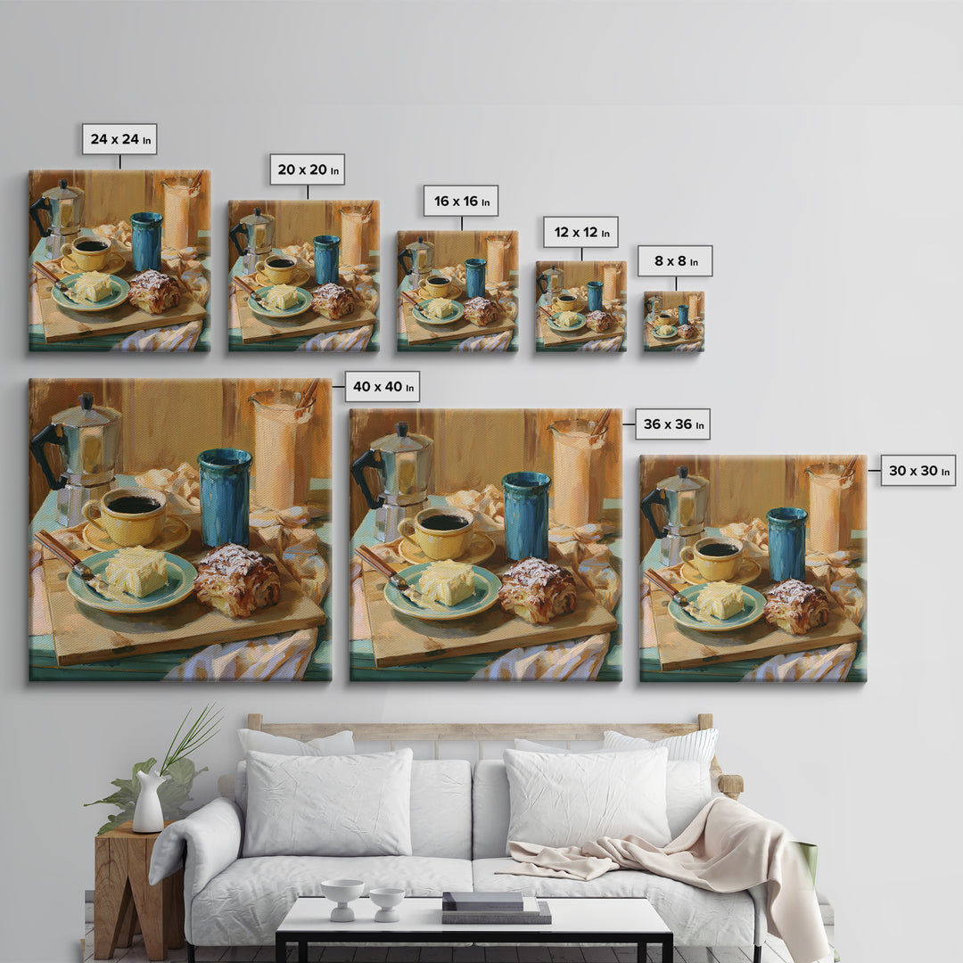 Coffee and Pastry Scene for Breakfast Nook Framed Canvas Print, Dining Room Art, Kitchen Wall Decor, Dining Room Decor, Dining, DRA-1x1-62