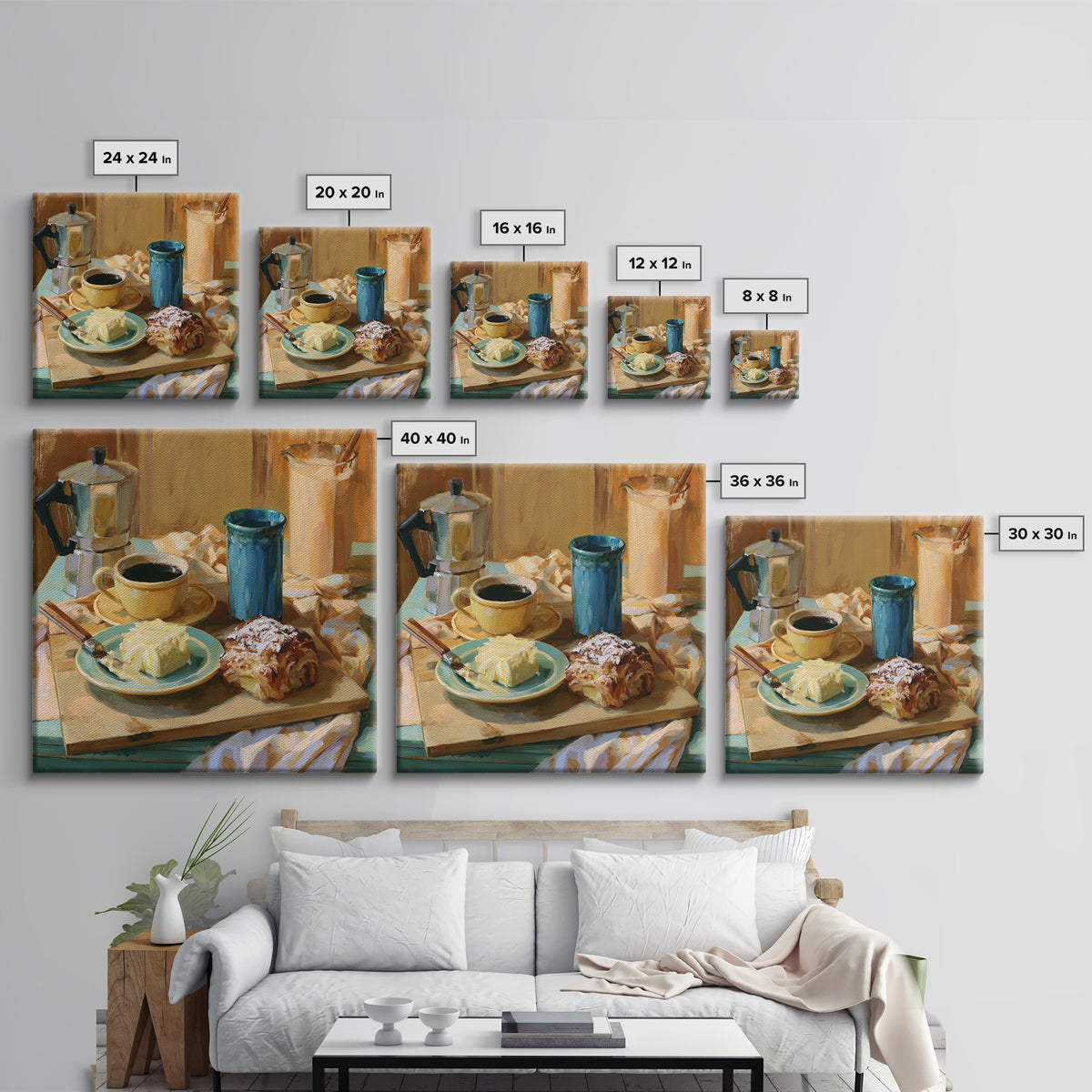 Coffee and Pastry Scene for Breakfast Nook Framed Canvas Print, Dining Room Art, Kitchen Wall Decor, Dining Room Decor, Dining, DRA-1x1-62