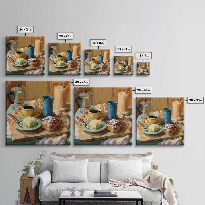 Coffee and Pastry Scene for Breakfast Nook Framed Canvas Print, Dining Room Art, Kitchen Wall Decor, Dining Room Decor, Dining, DRA-1x1-62