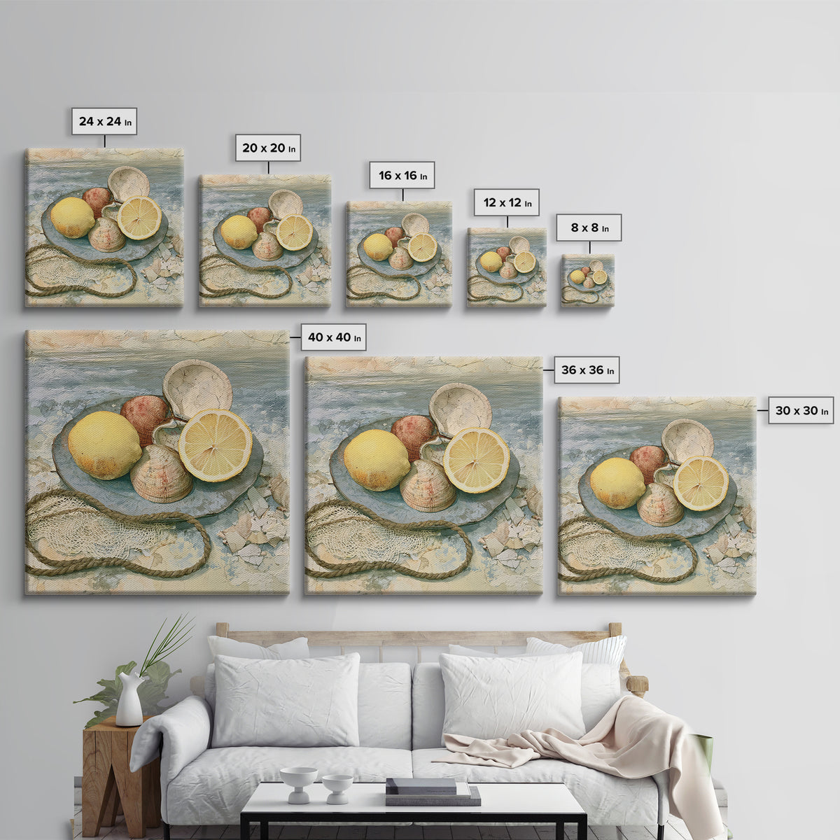 Shellfish and Lemon Still Life Framed Canvas Print, Dining Room Art, Abstract Wall Art, Dining Room Decor, Fine Art, Dining, DRA-1x1-64