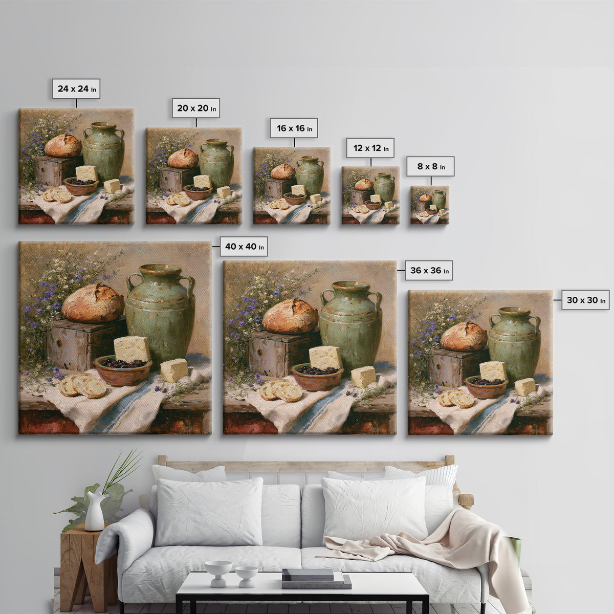 Rustic Bread Olives and Cheese Still Life Framed Canvas Print, Dining Room Art, Kitchen Prints, Dining Room Decor, Dining, DRA-1x1-78