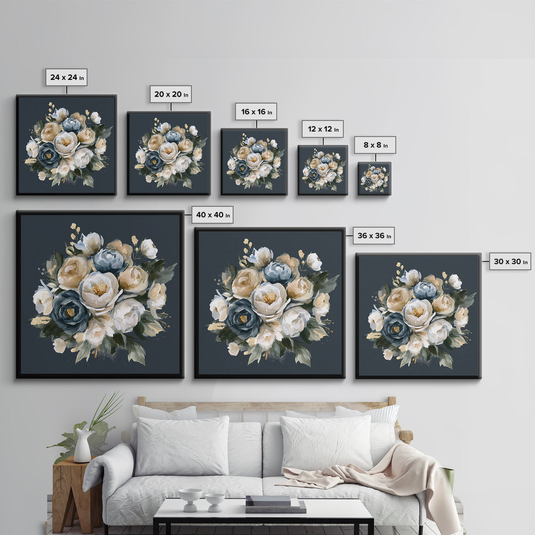 Moody Dark Background Bouquet for Formal Dining Framed Canvas Print, Dining Room Art, Neutral Decor, Dining Room Decor, Dining, DRA-1x1-83