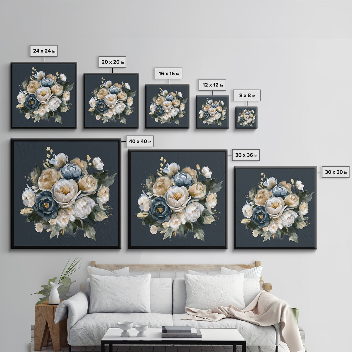 Moody Dark Background Bouquet for Formal Dining Framed Canvas Print, Dining Room Art, Neutral Decor, Dining Room Decor, Dining, DRA-1x1-83