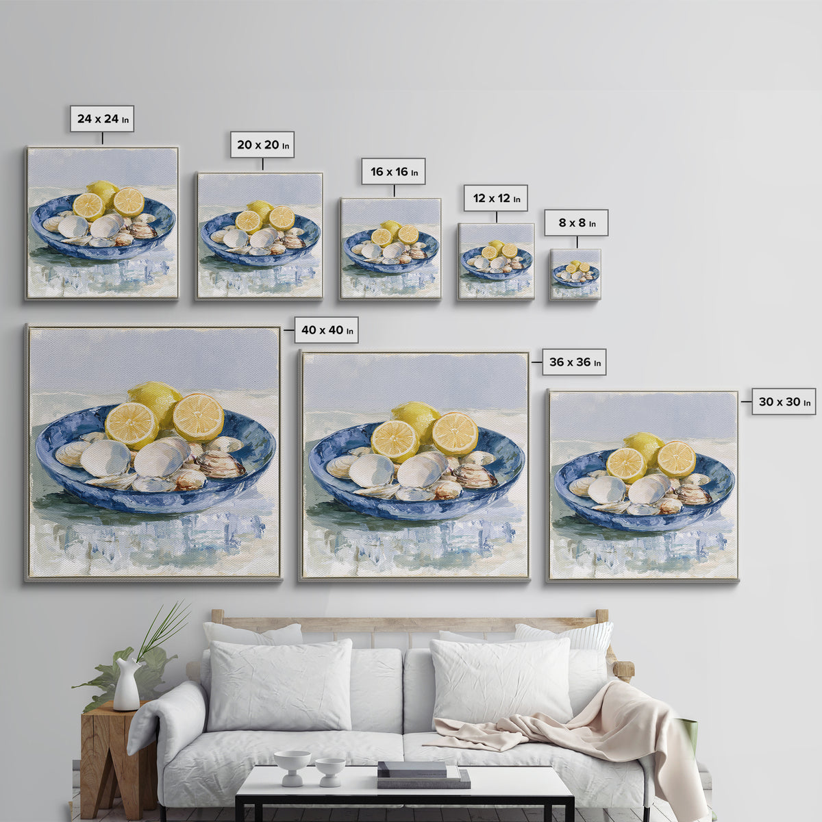 Shellfish and Lemon Still Life Framed Canvas Print, Dining Room Art, Art Print, Dining Room Decor, Dining, Abstract Art, DRA-1x1-88