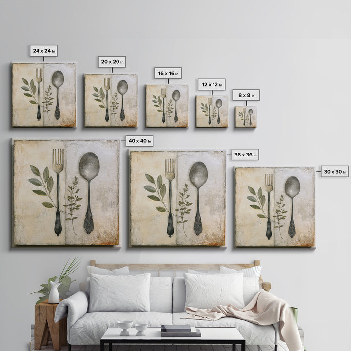 Minimal Fork Spoon and Herb Composition Canvas Print, Dining Room Art, Coastal Wall Art, Dining Room Decor, Fine Art, Dining, DRA-1x1-94