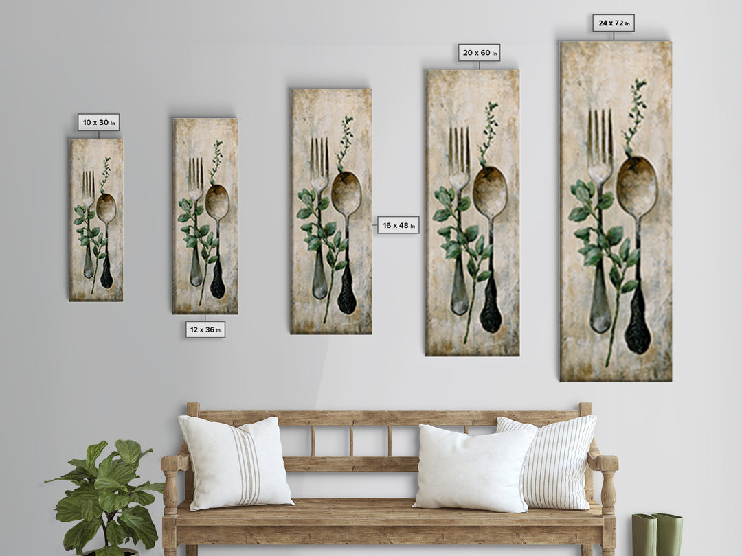 Minimal Fork Spoon and Herb Composition Canvas Print, Dining Room Art, Kitchen Art, Dining Room Decor, Fine Art, Dining, DRA-1x3-10