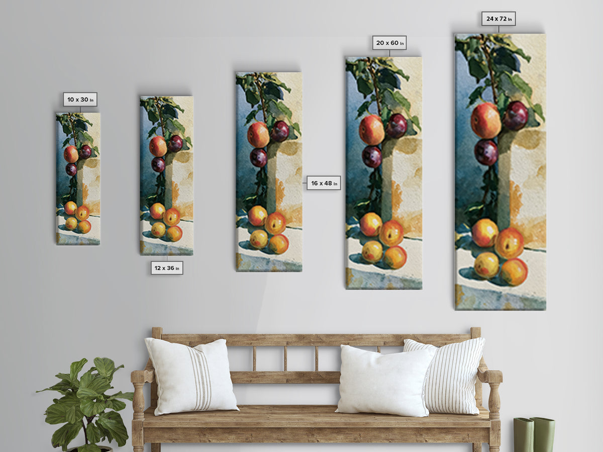Peach and Plum Still Life Framed Canvas Print, Dining Room Art, Large Wall Art, Dining Room Decor, Dining, Watercolor Painting, DRA-1x3-80