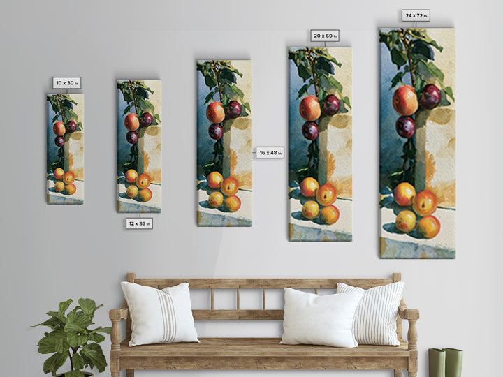Peach and Plum Still Life Framed Canvas Print, Dining Room Art, Large Wall Art, Dining Room Decor, Dining, Watercolor Painting, DRA-1x3-80