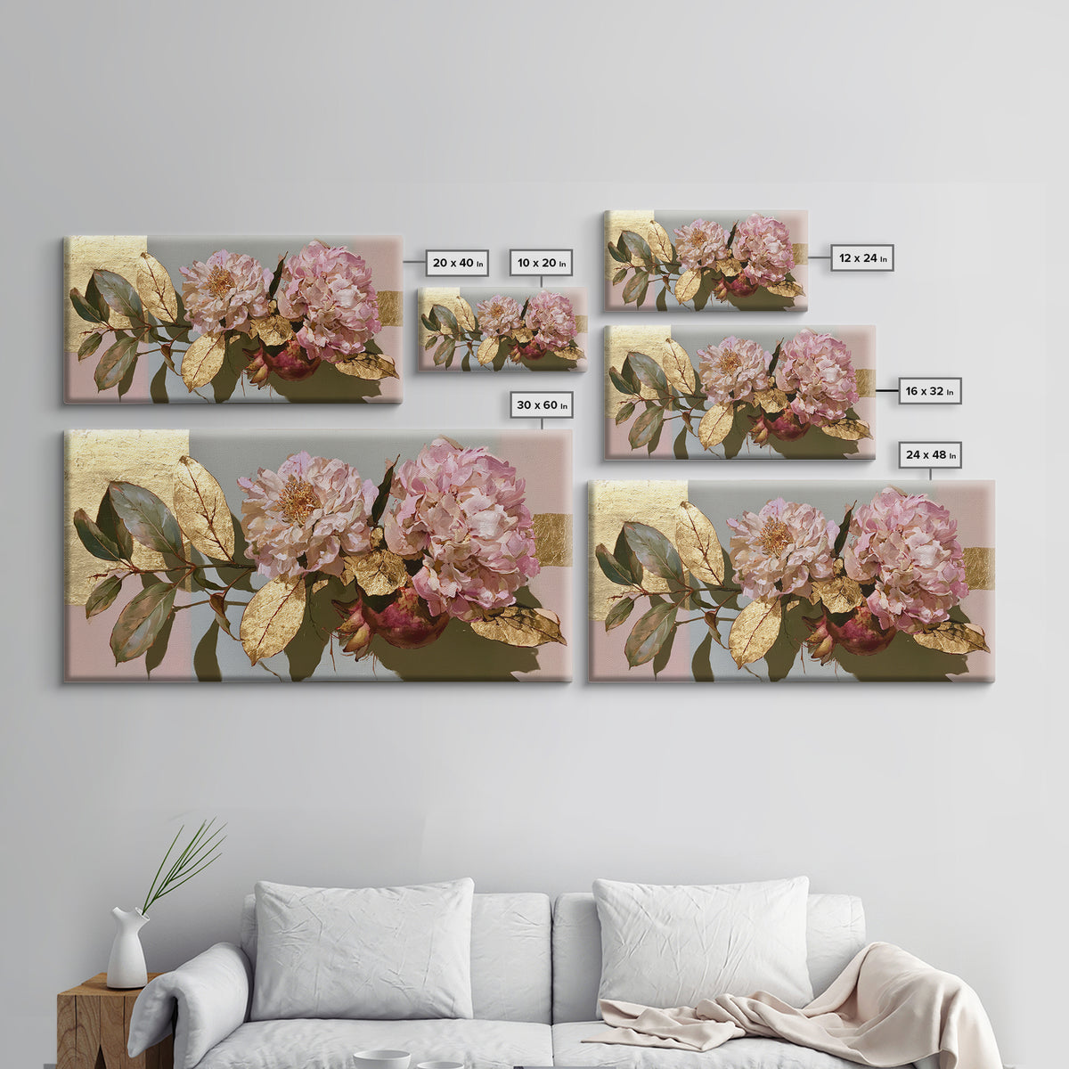 Pomegranate and Gold Leaf Botanical Study Canvas Print, Dining Room Art, Bedroom Wall Art, Dining Room Decor, Dining, DRA-2x1-100