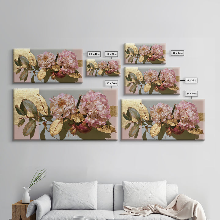 Pomegranate and Gold Leaf Botanical Study Canvas Print, Dining Room Art, Bedroom Wall Art, Dining Room Decor, Dining, DRA-2x1-100
