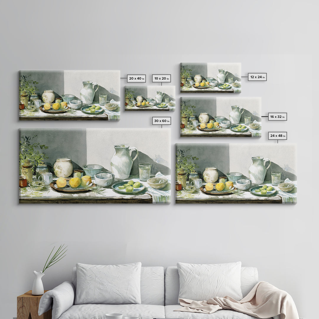 Sunlit Farmhouse Table Objects Without Room View Framed Canvas Print, Dining Room Art, Boho Decor, Dining Room Decor, Dining, DRA-2x1-13