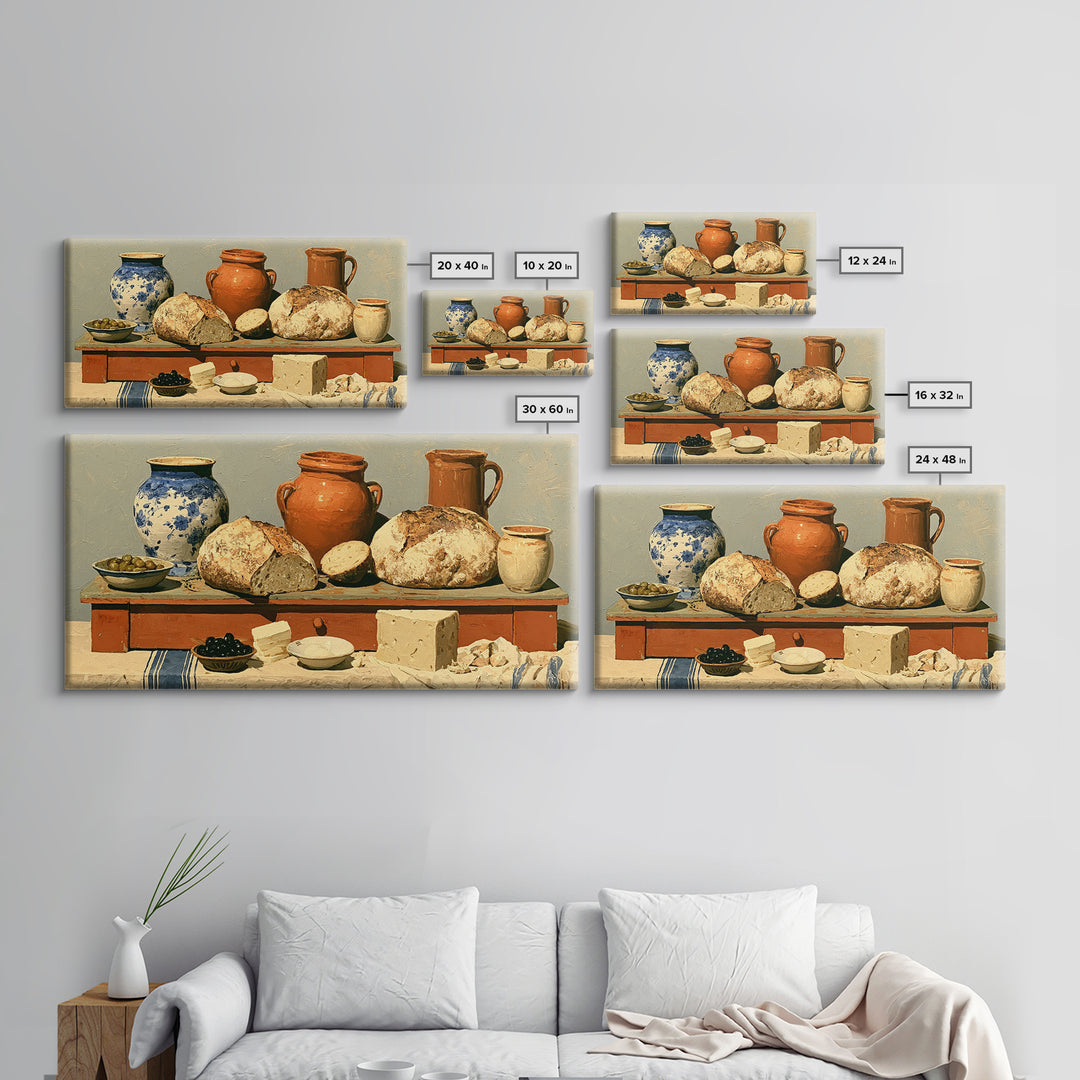 Rustic Bread Olives and Cheese Still Life Canvas Print, Dining Room Art, Neutral Decor, Dining Room Decor, Abstract Art, Dining, DRA-2x1-2